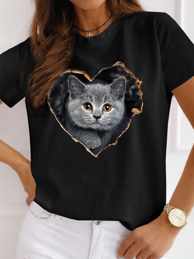  女性用 Tシャツ デザイナー 熱間鍛造 猫 グラフィック ハート デザイン 半袖 ラウンドネック カジュアル プリント 服装 デザイナー ベーシック ホワイト ブラック