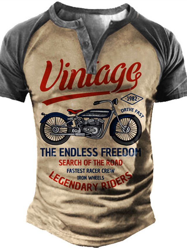  Men's Henley Shirt T shirt Tee Henley Basic Designer 1950s Summer Short Sleeve Green Blue Khaki Brown Graphic Letter Motorcycle Print Plus Size Henley Outdoor Daily Button-Down Print Clothing Clothes