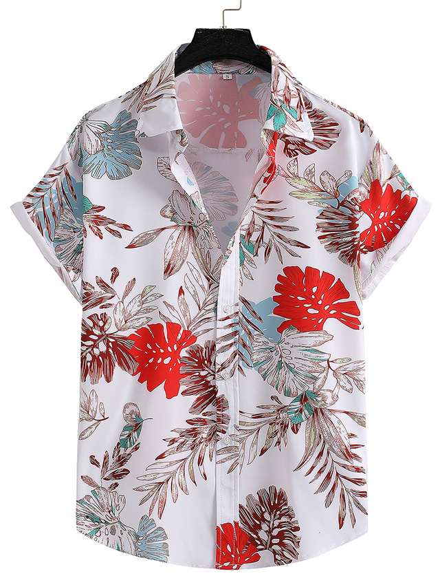  Men's Casual Shirt Print Graphic Leaves Classic Collar 短袖衬衫 Casual Vacation Print Short Sleeve Tops Designer Casual Beach Red / White / Summer