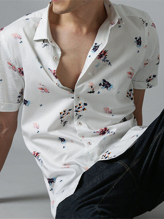  Men's Shirt Floral Turndown Street Casual Button-Down Short Sleeve Tops Casual Fashion Breathable Comfortable White
