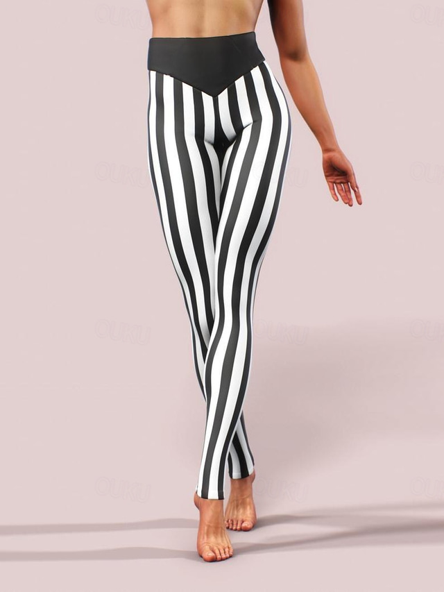  Women's Normal Tights Leggings Casual / Sporty Athleisure Ankle-Length Mid Waist Stripe Print Tummy Control Butt Lift Comfort Stretchy Yoga Weekend Black Summer Spring &  Fall Slim