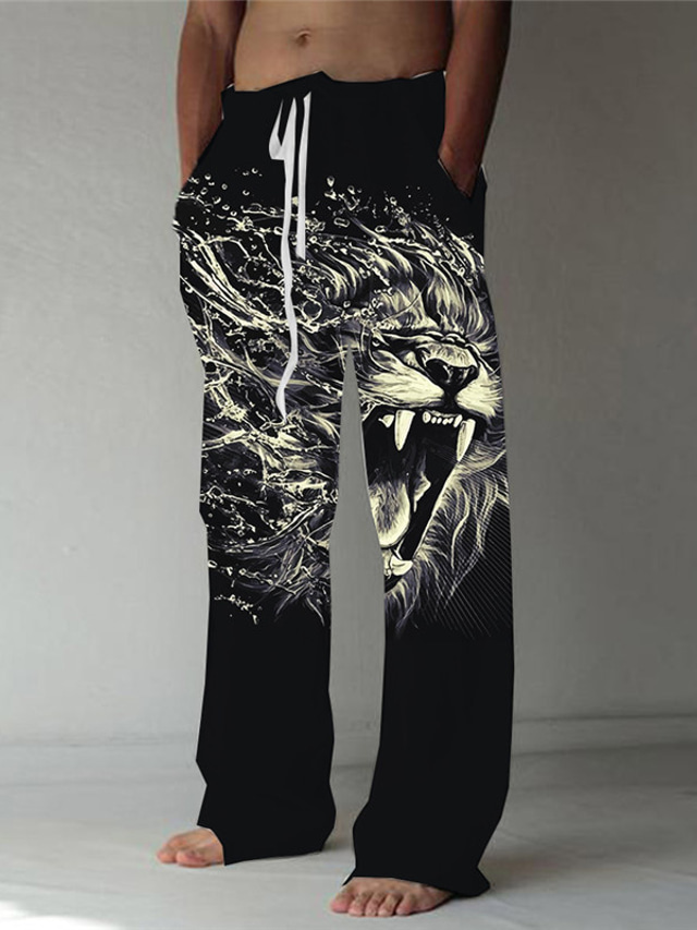  Men's Trousers Straight 3D Print Elastic Drawstring Design Front Pocket Fashion Designer Big and Tall Casual Daily Comfort Soft Animal Lion Graphic Prints 3D Print Black S M L