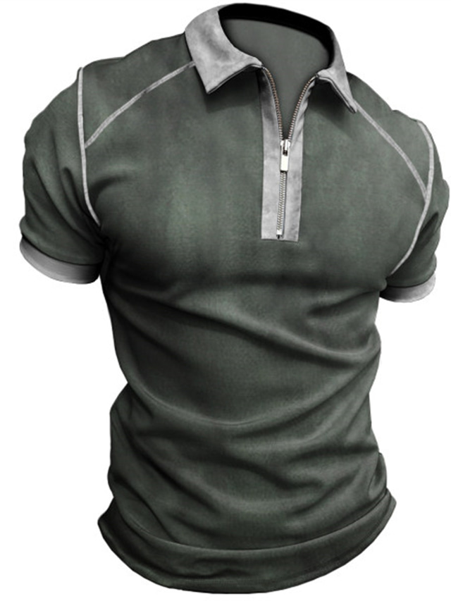  Men's Collar Polo Shirt Shirt Fashion Casual Breathable Summer Short Sleeve Dark Green Solid Colored Turndown Outdoor Street Zipper Clothing Clothes Fashion Casual Breathable