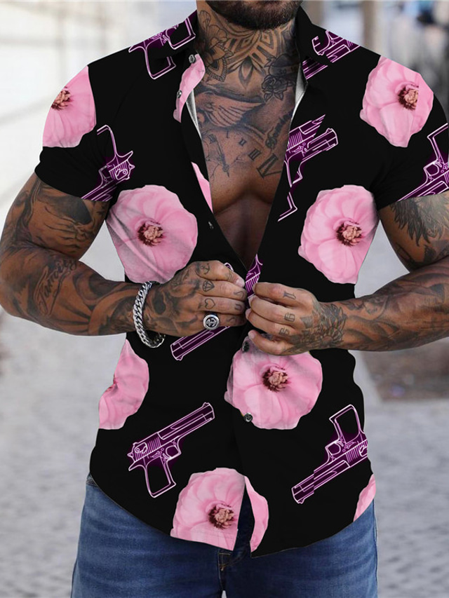  Hombre Camisa Estampado Floral Cuello Vuelto Calle Casual Abotonar Estampado Manga Corta Tops Casual Moda De Diseño Transpirable Rosa