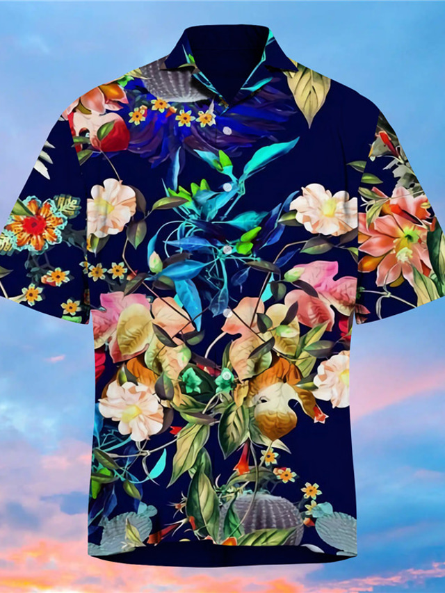  Men's Shirt Print Floral Turndown Street Casual Button-Down Print Short Sleeve Tops Casual Fashion Designer Hawaiian Navy Blue