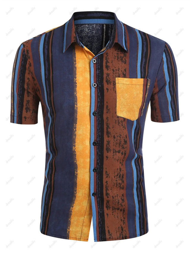  Men's Shirt Hot Stamping Striped Graphic Patterned Turndown Street Casual Button-Down Print Short Sleeve Tops Casual Fashion Breathable Comfortable Blue / Summer