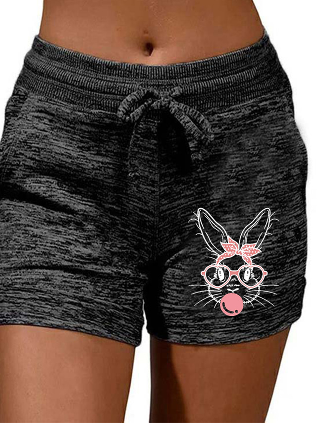  Women's Shorts Drawstring Print Casual / Sporty Athleisure Casual Weekend Micro-elastic Cotton Blend Comfort Rabbit Animal Mid Waist Hot Stamping Black Grey S M L