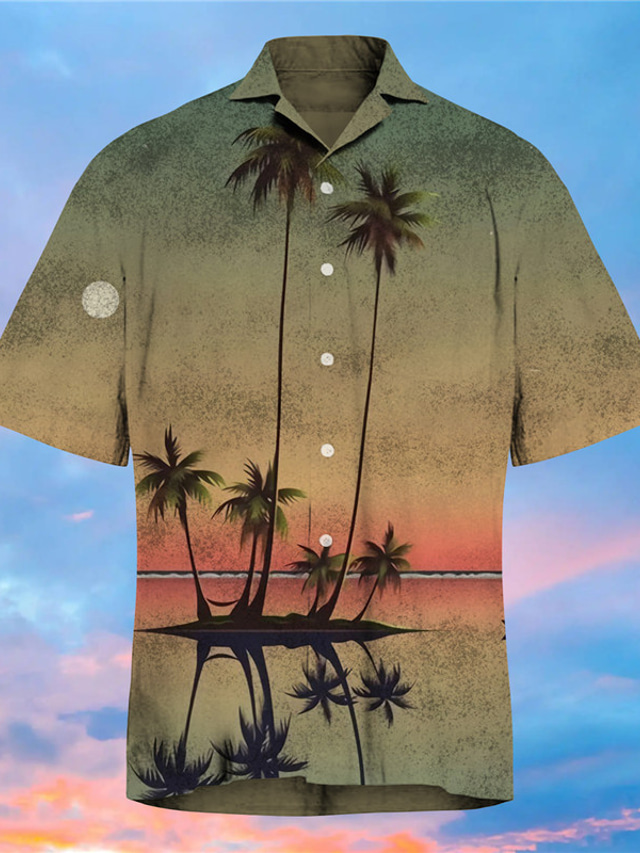  Voor heren Hawaiiaans overhemd Overhemd Print  Landschap Aloha Kokosnootboom Strijkijzer Straat Casual Button-omlaag Afdrukken Korte mouw Tops Ontwerper Casual Modieus Hawaii Khaki / Zomer