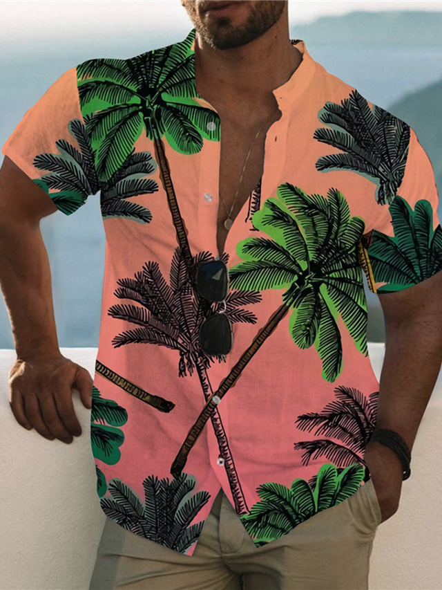  Herr Skjorta Sommarskjorta Kokosnötsträd Nedvikt Rodnande Rosa Tryck Utomhus Gata Kortärmad Button-Down Mönster Kläder Mode Hawaiisk Designer Ledigt