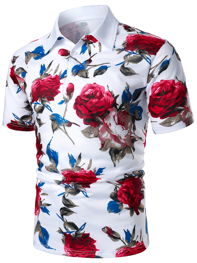  Men's Shirt Polo Shirt Dress Shirt Golf Shirt Casual Shirt Floral Rose Holiday Button Down Collar White Blue Gray Print Outdoor Casual Short Sleeve Color Block Button-Down Clothing Apparel Fashion