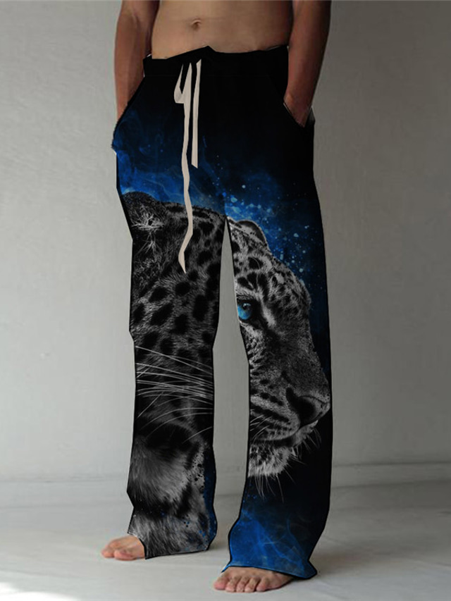  Men's Straight Trousers 3D Print Elastic Drawstring Design Front Pocket Designer Fashion Big and Tall Casual Daily Comfort Soft Leopard Graphic Prints Animal Mid Waist 3D Print Dark Blue S M L