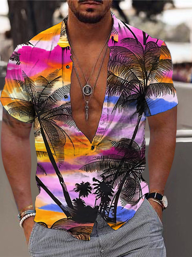  Муж. Рубашка Гавайская рубашка Кокосовая пальма Пейзаж Алоха Отложной Белый + красный Светло-лиловый Лиловый Оранжевый Цвет радуги С принтом на открытом воздухе Для улицы С короткими рукавами