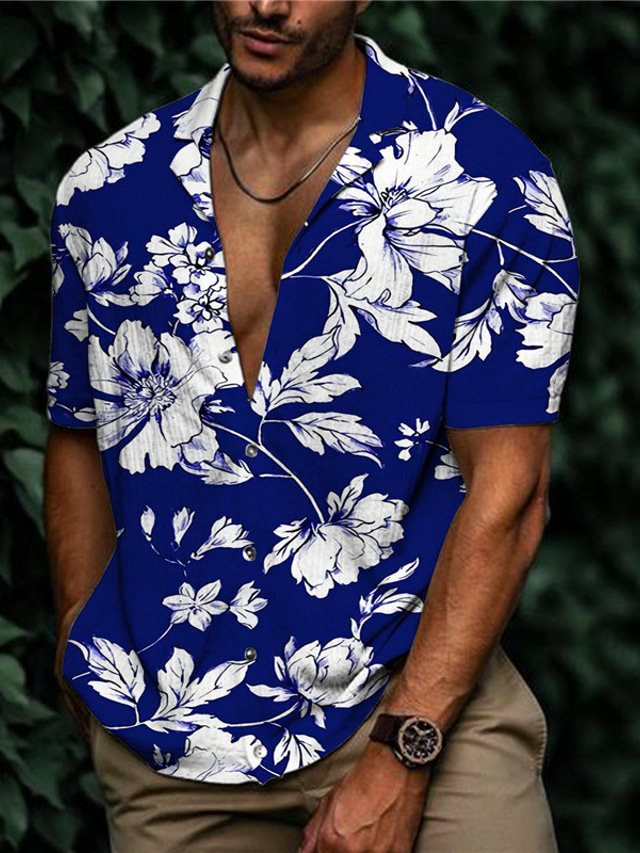  Муж. Рубашка Летняя рубашка Гавайская рубашка Цветочный принт Отложной Красный Темно синий Лиловый Зеленый С принтом на открытом воздухе Для улицы С короткими рукавами С принтом Кнопка вниз Одежда