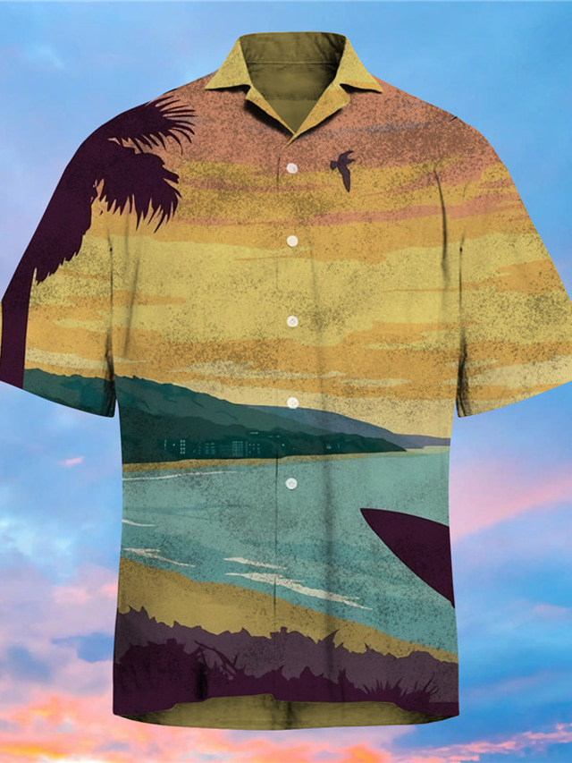  Per uomo Camicia Con stampe Paesaggi Collo ripiegabile Strada Informale Bottone giù Stampa Manica corta Top Informale Di tendenza Originale Hawaiano Cachi
