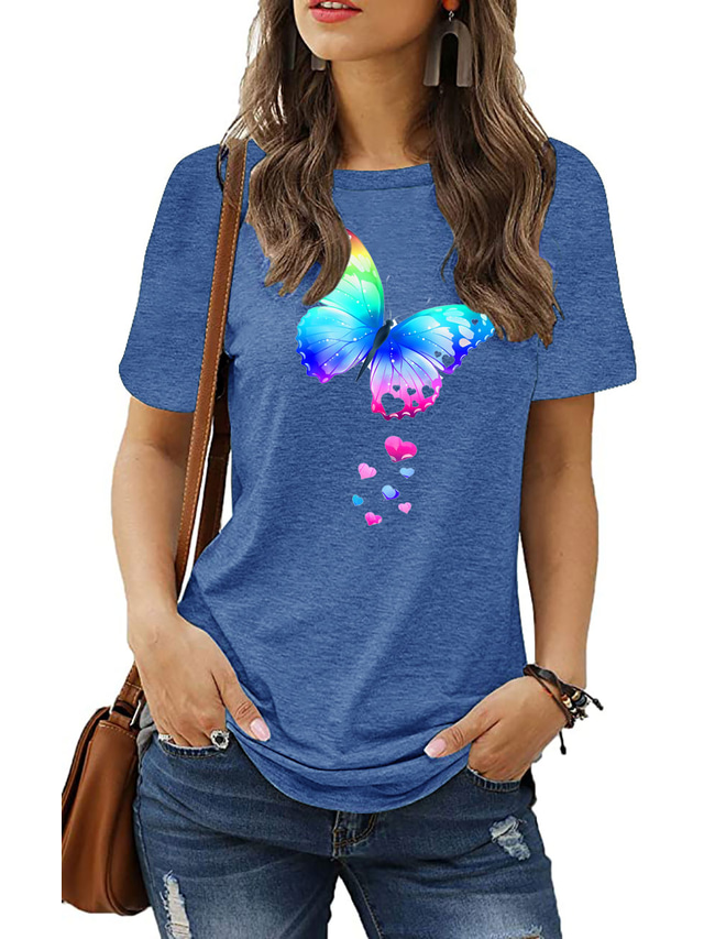  Damen T-Shirt Grundlegend Bedruckt Schmetterling Tiere Rundhalsausschnitt T-Shirt Ärmel Standard Sommer Schwarz Blau Dunkelrot Hell Gray Dunkelgrün