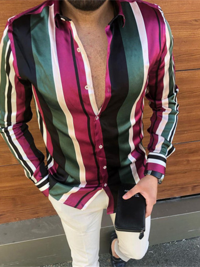  Men's Shirt Striped Turndown Street Casual Button-Down Long Sleeve Tops Casual Fashion Comfortable Black / Red Green Purple / Beach