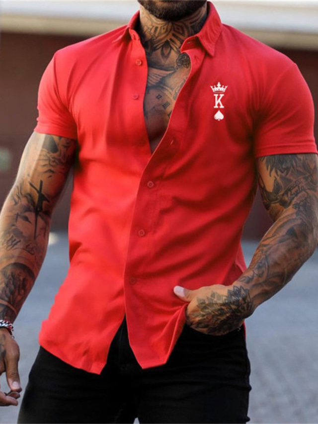  Men's Shirt Summer Shirt Letter Turndown Red Blue Khaki Street Casual Short Sleeve Button-Down Clothing Apparel Fashion Casual Comfortable