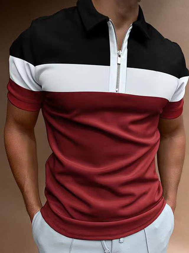  Men's Collar Polo Shirt Golf Shirt Fashion Casual Breathable Summer Short Sleeve Red Color Block Turndown Outdoor Street Zipper Clothing Clothes Cotton Fashion Casual Breathable