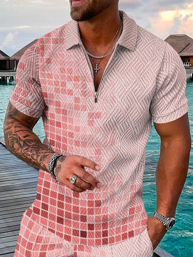 Men's Collar Polo Shirt Golf Shirt Sports Designer Punk & Gothic Short Sleeve Light Pink Tartan Geometry 3D Print Turndown Going out golf shirts Zipper Clothing Clothes Sports Designer Punk & Gothic
