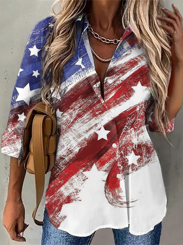  Dámská vlastenecká košile červenobílo-modrá národní vlajka USA tisk knoflíků červenobílo-modrá dlouhý rukáv denní víkendový streetwear casual košile límec běžné S