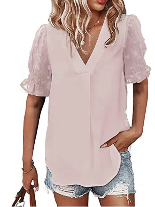 διασυνοριακό νέο δημοφιλές πουκάμισο σιφόν με λαιμόκοψη με ραφές γούνινο μπαλάκι με κοντομάνικο τοπ γυναικών