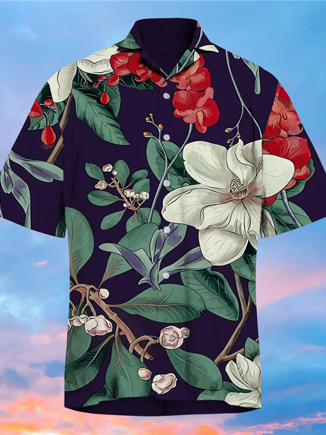  Bărbați Cămașă Floral Răsfrânt Alb + Negru Bleumarin Trifoi Imprimeu În aer liber Stradă Manșon scurt Buton în jos Imprimeu Îmbrăcăminte Modă Hawaiană Designer Casual