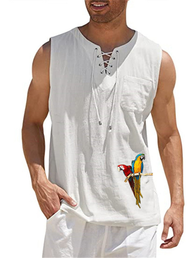  Men's Shirt Hot Stamping Graphic Patterned Parrot Crew Neck Street Casual Print Sleeveless Tops Cotton Casual Fashion Breathable Comfortable White Black Gray / Summer / Summer