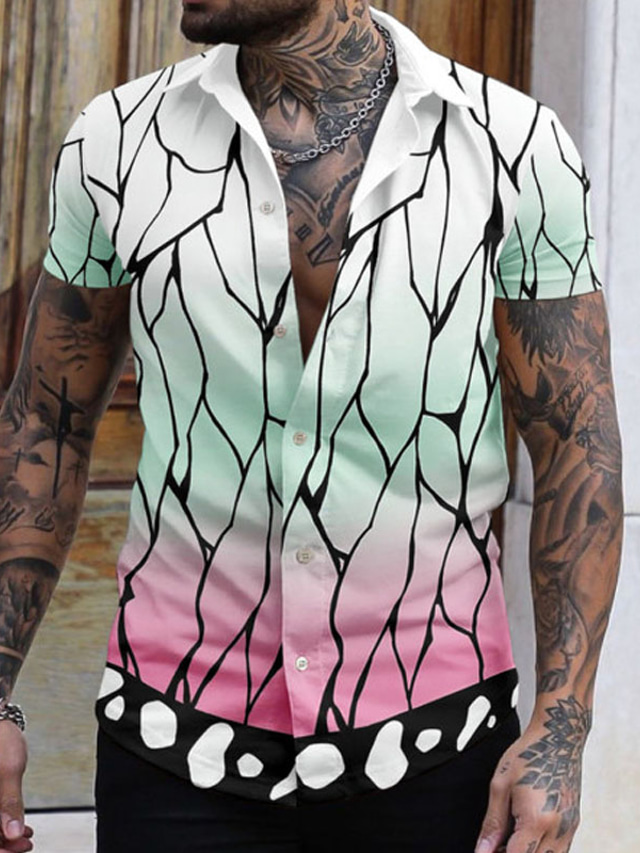  رجالي قميص طباعة الرسم التدرج طوي شارع فضفاض 3D زر أسفل كم قصير قمم مصمم كاجوال موضة مريح أبيض أخضر