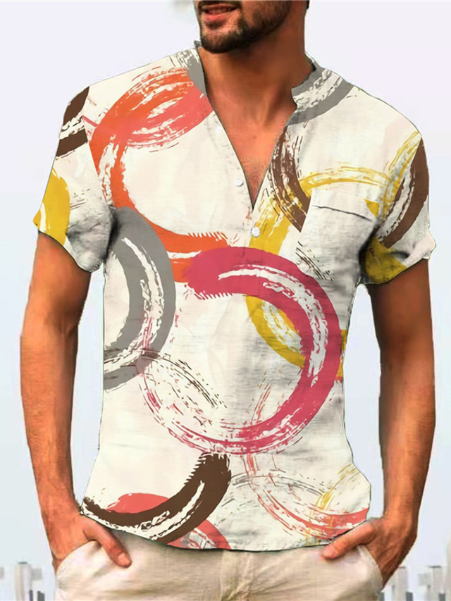  Men's Shirt Summer Shirt Circle Geometry V Neck Beige Print Outdoor Street Short Sleeve Button-Down Print Clothing Apparel Fashion Designer Casual Breathable