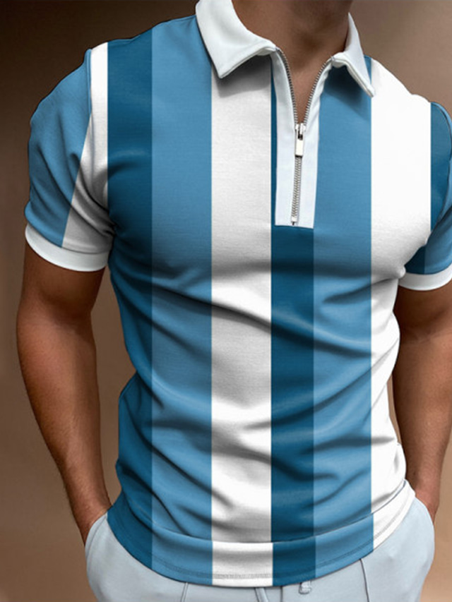  Men's Collar Polo Shirt Golf Shirt Fashion Casual Breathable Summer Short Sleeve Blue / White Striped Print Turndown Casual Daily Zipper Print Clothing Clothes Fashion Casual Breathable