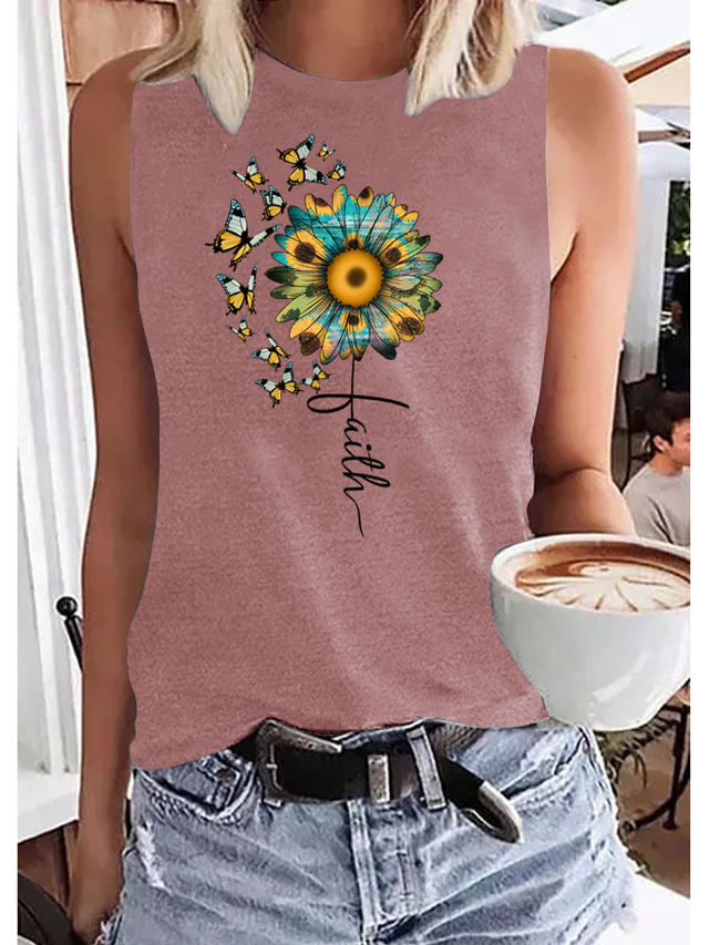  Women's Vest Top Tank Top Designer Summer Sleeveless Graphic Butterfly Sunflower Hot Stamping Round Neck Daily Holiday Print Clothing Clothes Designer Basic Blue Purple Pink