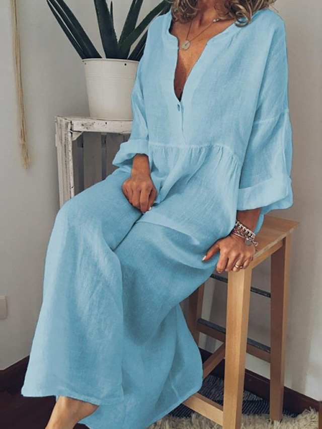  Women's Cotton Linen Maxi Shirt Dress Long Sleeve Split Neck Loose Fit for Spring Fall Winter 2024 Spring