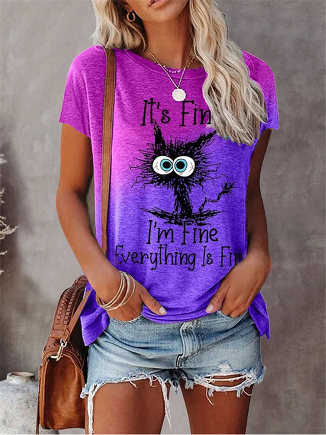  Mujer Camiseta Morado Marrón Gris Gato Letra Retazos Estampado Manga Corta Casual Diario Básico Escote Redondo Regular I'm Fine Everything Is Fine S