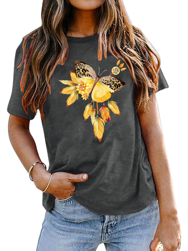  Naisten T-paita Perus Painettu Perhonen Perus Pyöreä kaula-aukko T-paita Vakio Kesä herne vihreä Valkoinen Musta Uima-allas Tummanpunainen