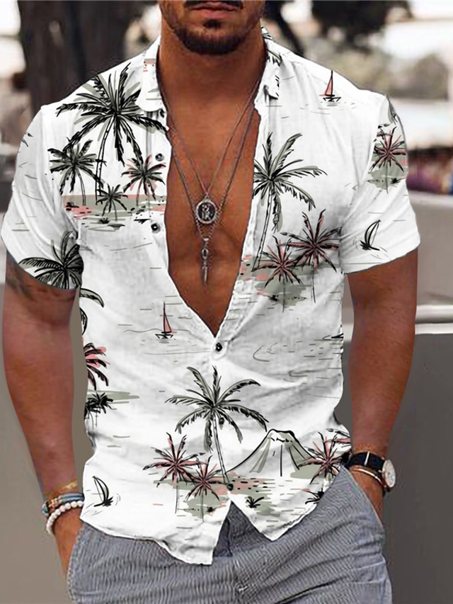  Муж. Рубашка Гавайская рубашка Кокосовая пальма Алоха Отложной Светло-розовый Черный / Белый Белый Светло-зеленый Темно синий С принтом на открытом воздухе Для улицы С короткими рукавами