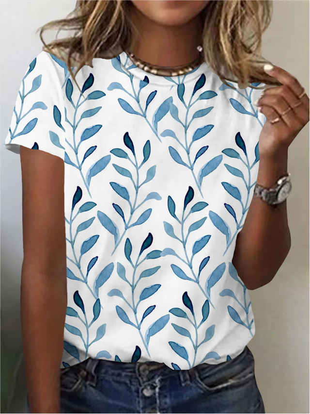  Dame T-shirt Designer 3D-udskrivning Blomst Kortærmet Rund hals Afslappet Daglig Patchwork Trykt mønster Tøj Tøj Designer Basale Blå