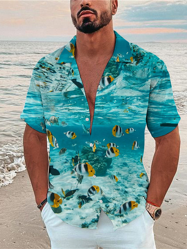  Hombre Camisa Estampado Peces Mundo submarino Cuello Vuelto Calle Casual Abotonar Estampado Manga Corta Tops Casual Moda De Diseño Transpirable Azul Piscina