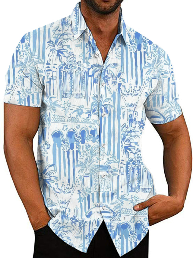  男性用 シャツ プリント ココナッツの木 折襟 ストリート カジュアル ボタンダウン プリント 半袖 トップの カジュアル ファッション デザイナー 高通気性 ブルー