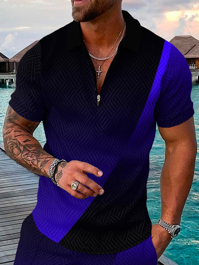  Men's Polo Shirt Zip Polo Golf Shirt Zip Sports Designer Punk & Gothic Short Sleeve Green Purple Yellow Navy Blue Curve 3D Print Turndown Zip Going out golf shirts Zipper Clothing Clothes Sports