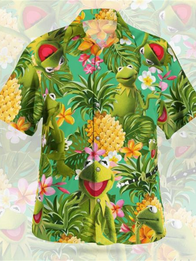  Men's Shirt Summer Hawaiian Shirt Graphic Shirt Aloha Shirt Floral Pineapple Frog Turndown Olive Green Red green Pink Red Blue 3D Print Outdoor Street Short Sleeve Button-Down Clothing Apparel