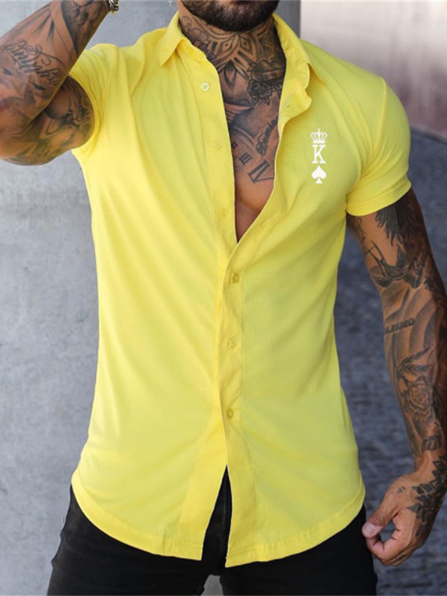  Homens Camisa Social camisa de verão Letra Aberto para a Lateral Amarelo Azul Marinha Cinzento Rua Casual Manga Curta Botão para baixo Roupa Moda Casual Confortável