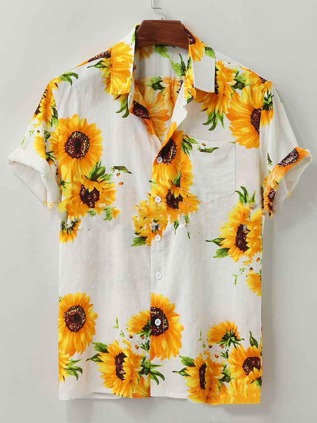  رجالي قميص قميص صيفي الرسم عباد الشمس طوي أصفر مناسب للحفلات الأماكن المفتوحة كم قصير زر أسفل ملابس أناقة الشارع كاجوال