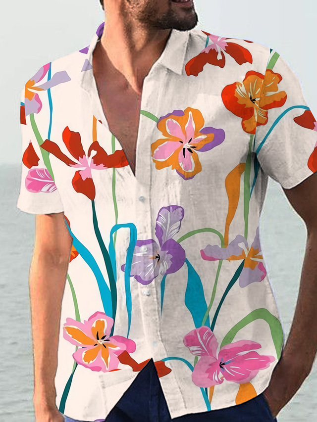  Men's Shirt Print Floral Turndown Street Casual Button-Down Print Short Sleeve Tops Casual Fashion Designer Breathable Beige