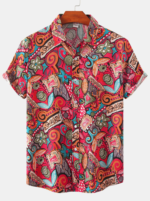  Men's Shirt Dress Shirt Summer Hawaiian Shirt Casual Shirt Letter Geometry Turndown Yellow Blue Fuchsia Print Plus Size Street Casual Short Sleeve Print Clothing Apparel Cotton Fashion Cool Retro