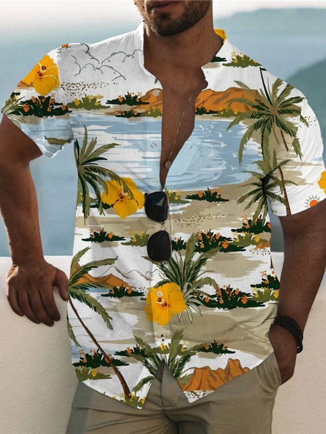  Voor heren Overhemd Print  Kokosnootboom Strijkijzer Straat Casual Button-omlaag Afdrukken Korte mouw Tops Casual Modieus Ontwerper Hawaii Wit