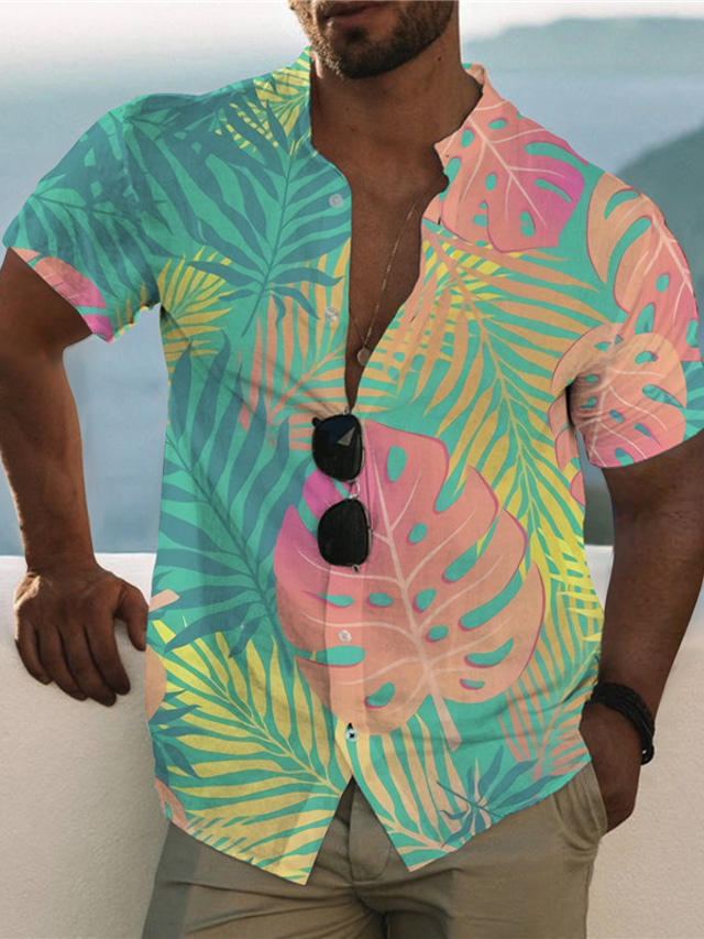  Men's Shirt Print Leaves Turndown Street Casual Button-Down Print Short Sleeve Tops Casual Fashion Designer Hawaiian Green