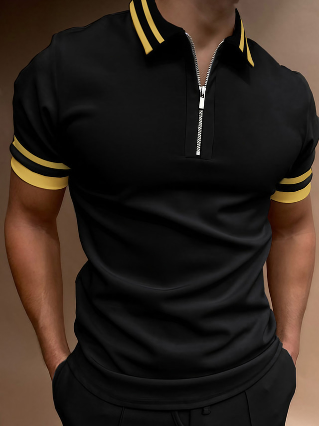  Hombre POLO Camiseta de golf Cosecha Cuello Vuelto Noche camisetas de golf Cremallera Retazos Manga Corta Tops Design Punk y gótico Deportes Negro