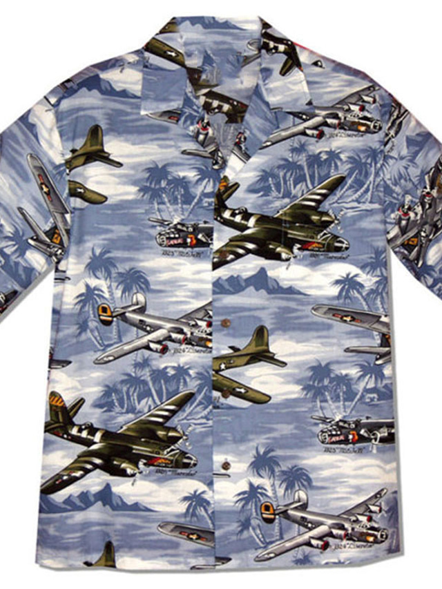  Men's Shirt Summer Hawaiian Shirt Summer Shirt Airplane Turndown Yellow Green Light Blue Street Casual Short Sleeve Button-Down Clothing Apparel Fashion Casual Comfortable Beach
