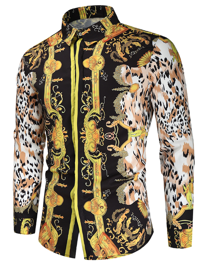 Men's Shirt Geometric Leopard Geometry Classic Collar Party Casual Print Long Sleeve Tops Ethnic Style Casual Black