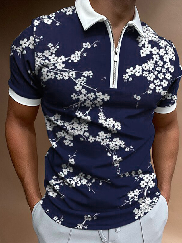  Men's Collar Polo Shirt Golf Shirt T shirt Tee Floral Collar Street Daily Zipper Print Short Sleeve Regular Fit Tops Sportswear Casual Fashion Comfortable Black / White Gray Navy Blue / Summer